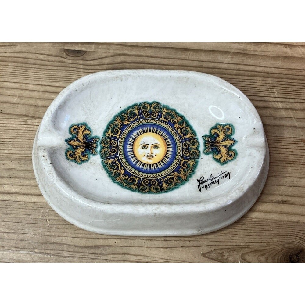 VTG FACCIOLINI CASTELLI POTTERY ITALY RENAISSANCE STYLE SUN MEDALLION ASHTRAY